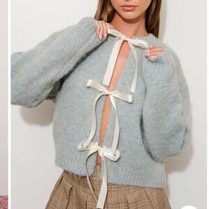 Pretty Garbage fuzzy wool blend satin bow cardigan sweater S NWOT green